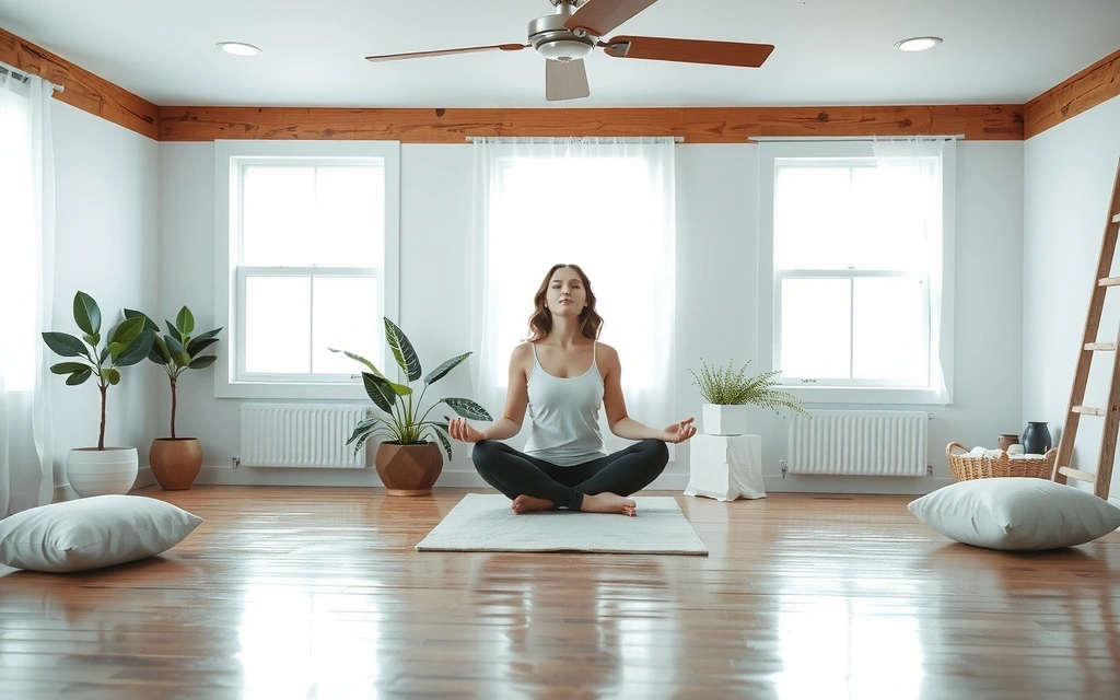 A person meditating peacefully in a serene, modern wellness studio