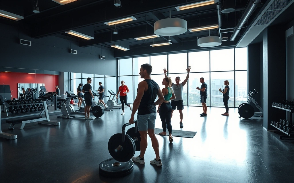 Athletes performing diverse exercises in a modern gym with natural light
