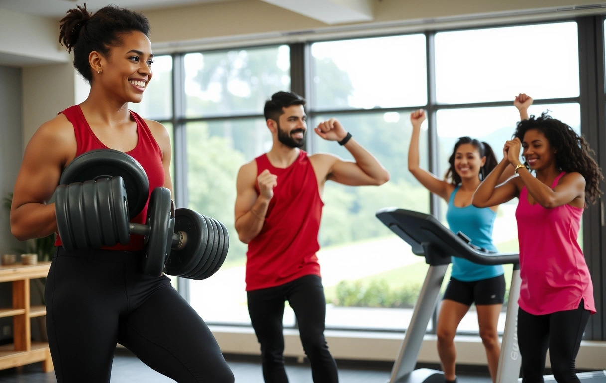 Inspiring gym members working out with determination