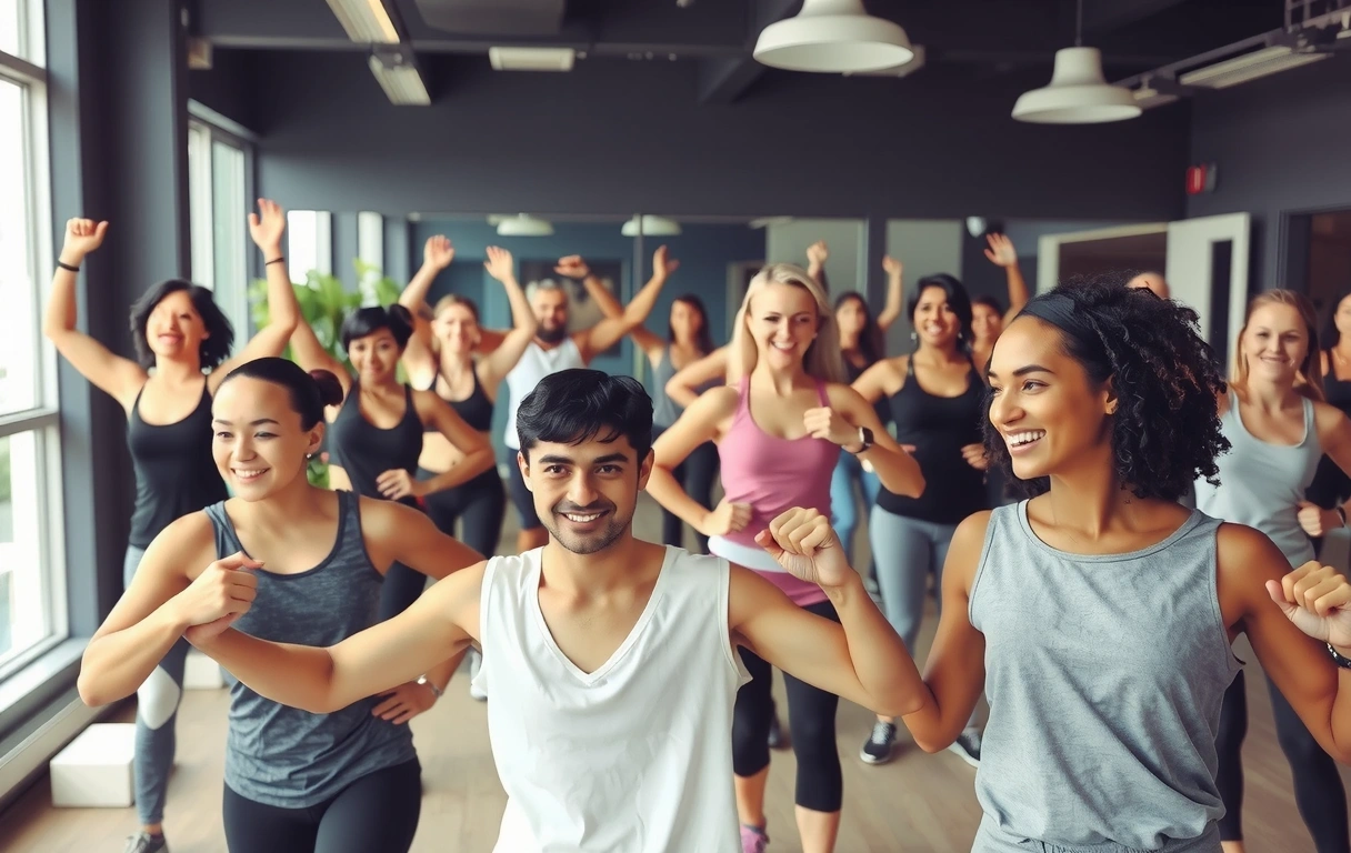 Energetic group fitness class in action with diverse participants