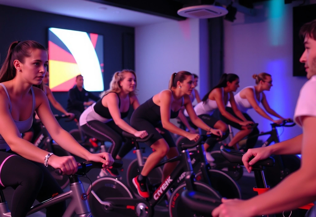 Group of people enthusiastically spinning on indoor bikes