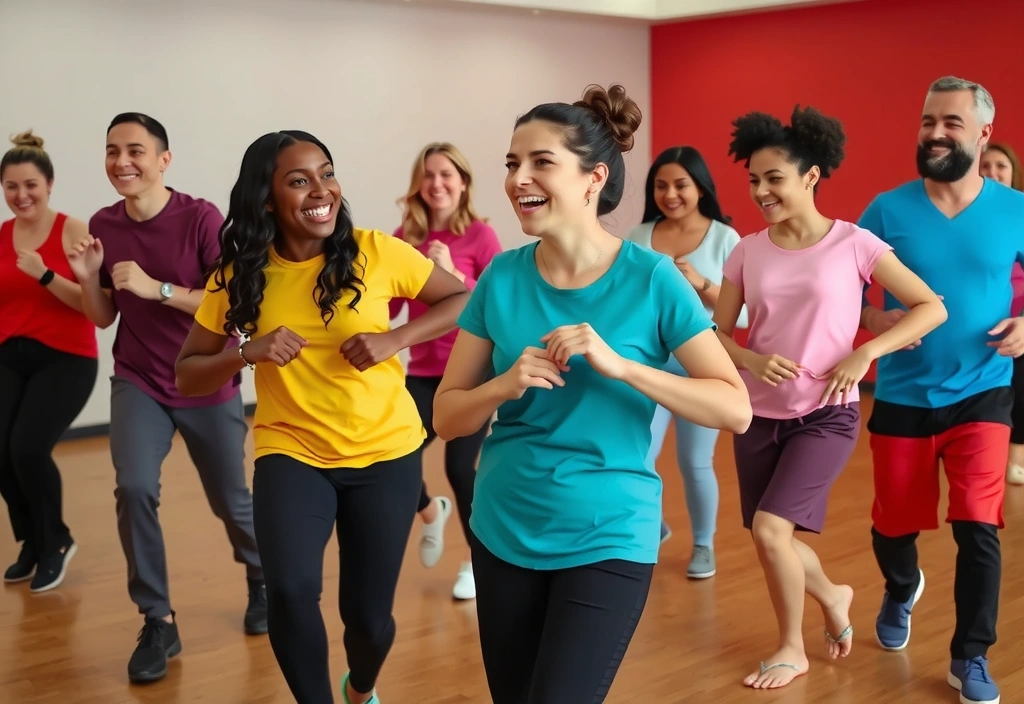 Group of people dancing joyfully in a Zumba class