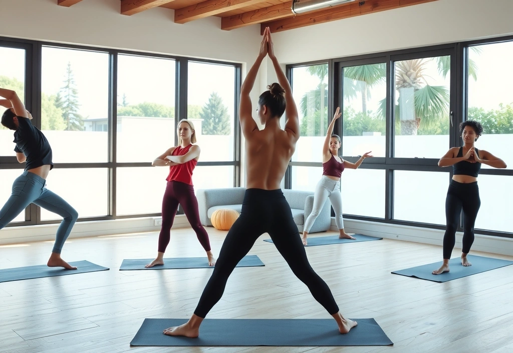 People performing yoga poses in a bright studio