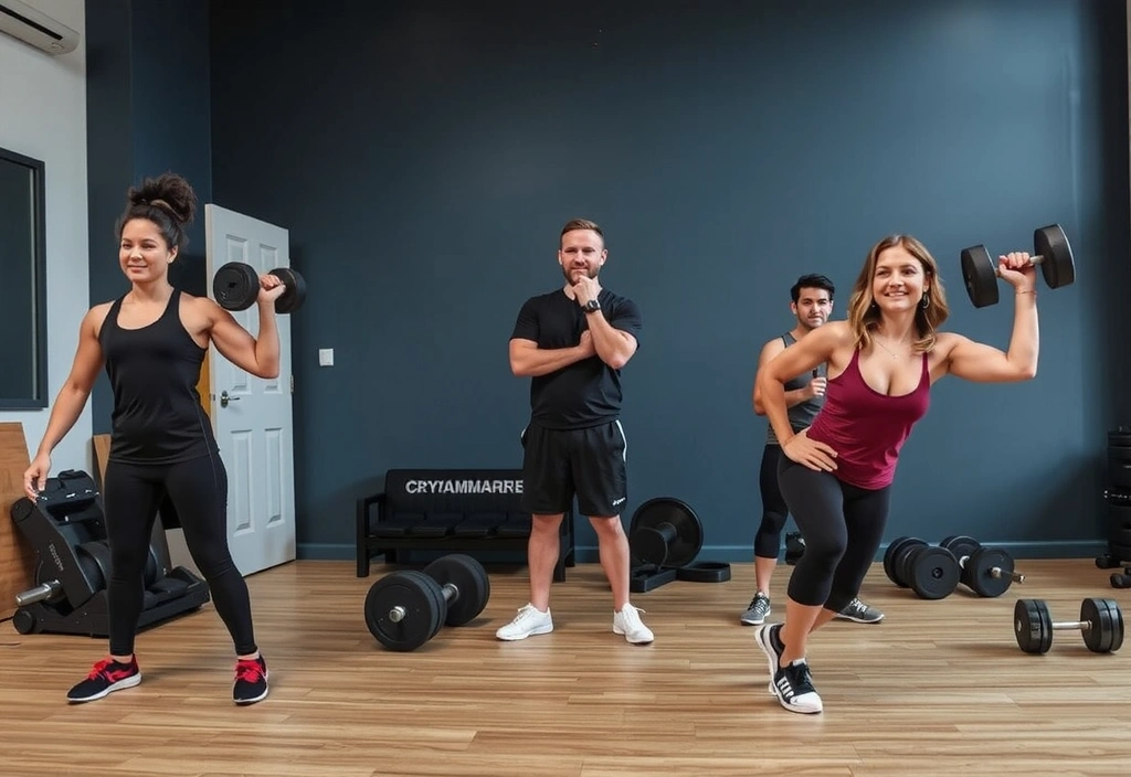 Strength training class with barbells and weights