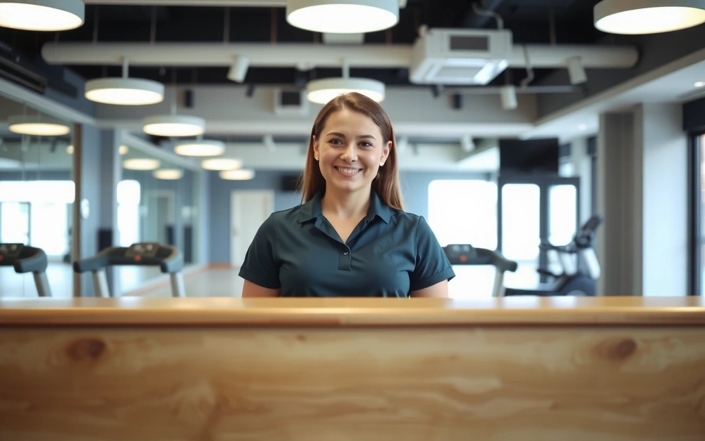 Friendly staff member at Fitness Oasis Bahrain reception smiling and welcoming members.
