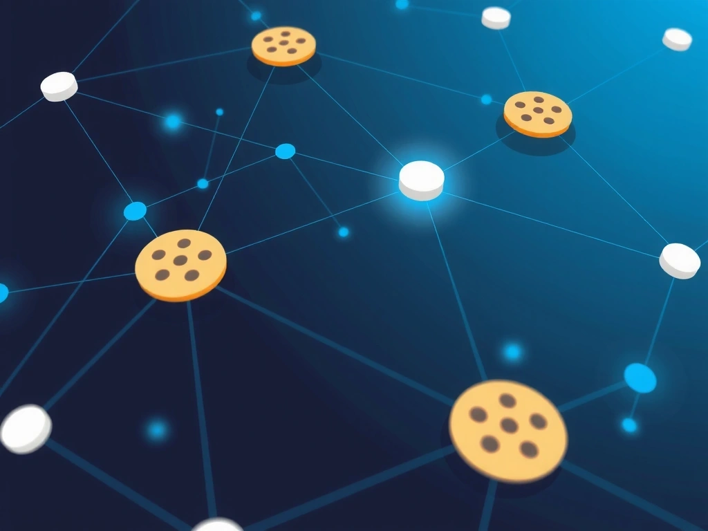 An abstract depiction of data flowing across a network, with small cookie icons interspersed. The image has a clean, digital aesthetic with subtle gradients and interconnected lines, symbolizing data exchange and analysis.