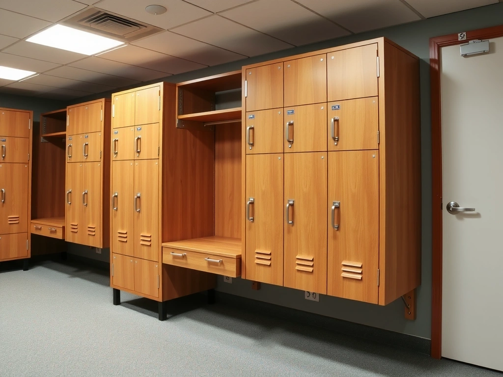Clean and modern locker room with wooden lockers