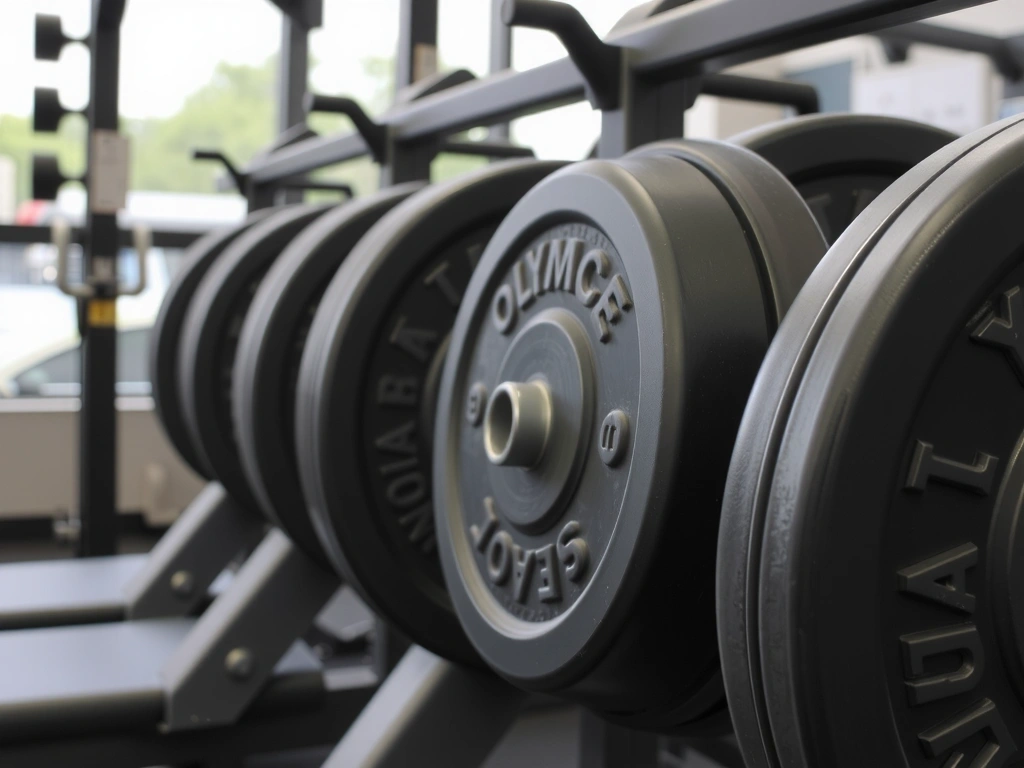 Close-up of Olympic weight plates stacked on a rack
