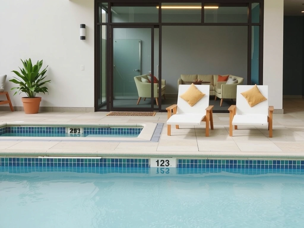 Comfortable poolside loungers next to an indoor pool