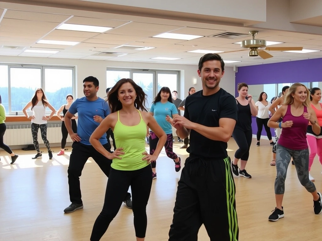 Energetic Zumba class in progress in a large studio