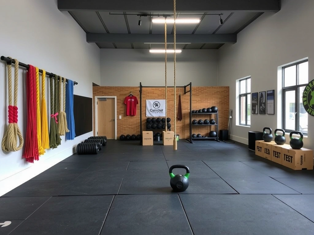 Functional training area with battle ropes, kettlebells, and plyo boxes