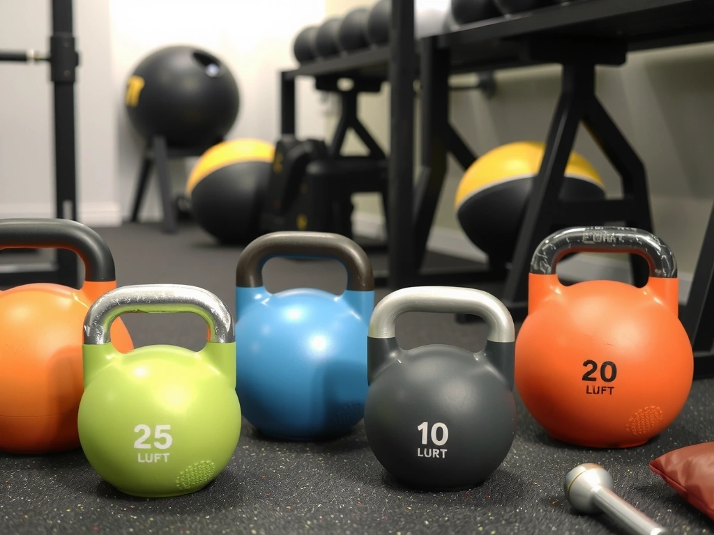 Kettlebells and medicine balls neatly arranged in a functional training area