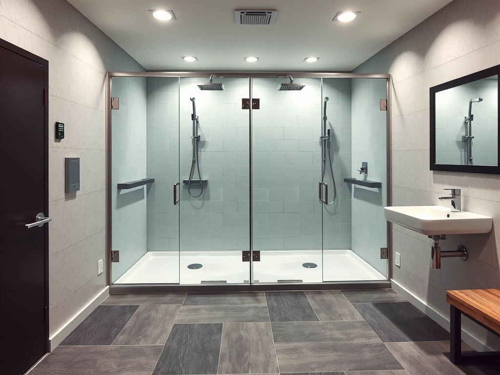 Luxurious shower stalls in a gym's changing room