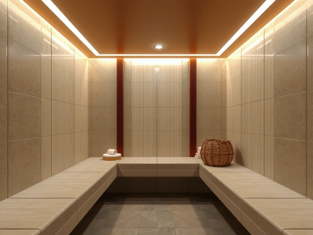 Modern steam room with tiled seating and gentle lighting