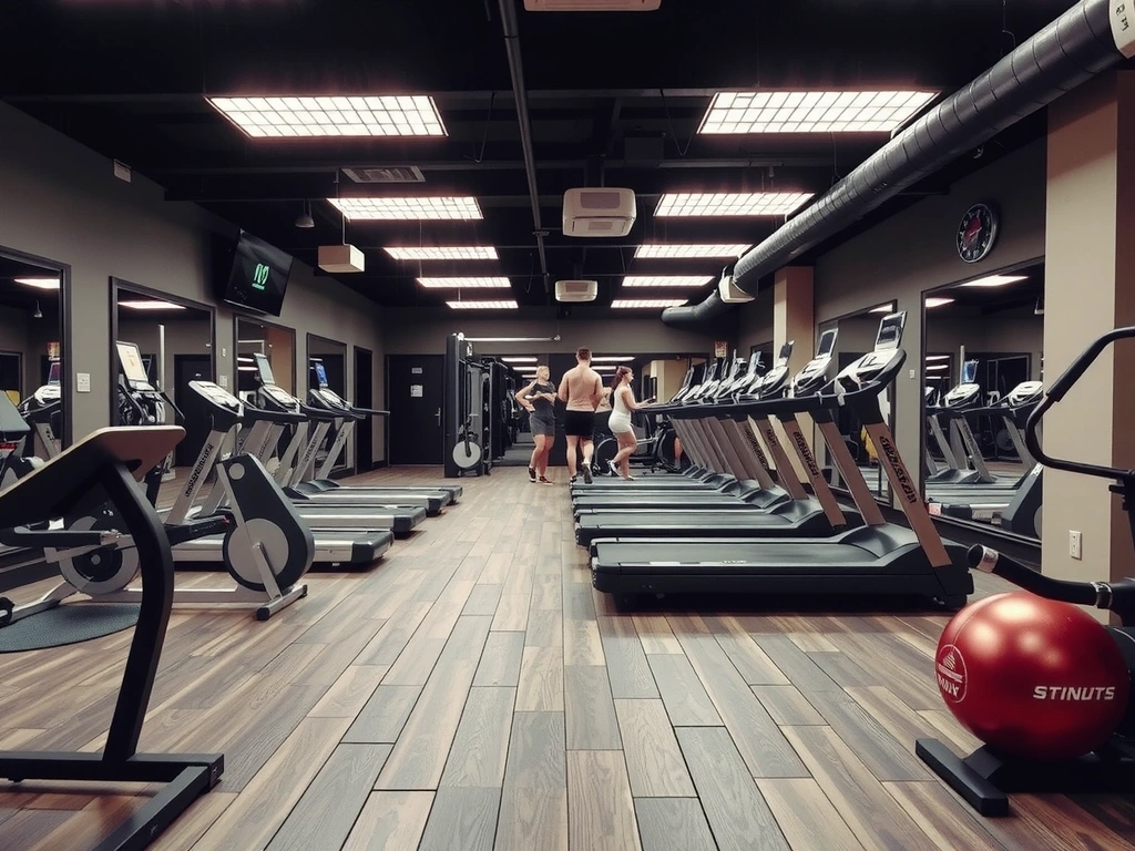Overview of a vibrant cardio section in a gym
