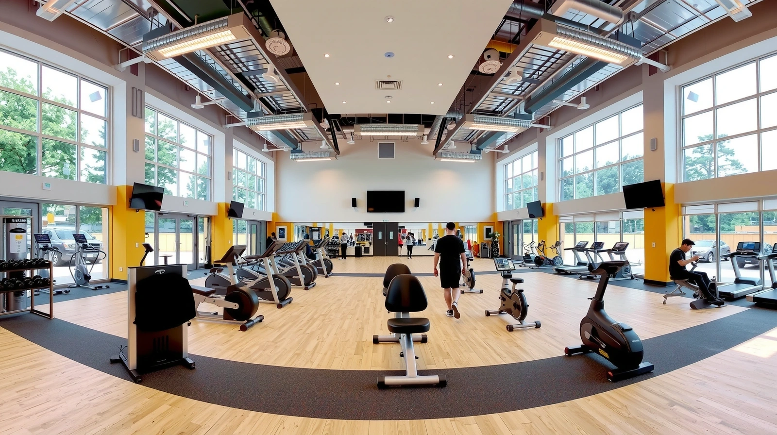 Panoramic view of a modern, spacious gym interior with various fitness equipment