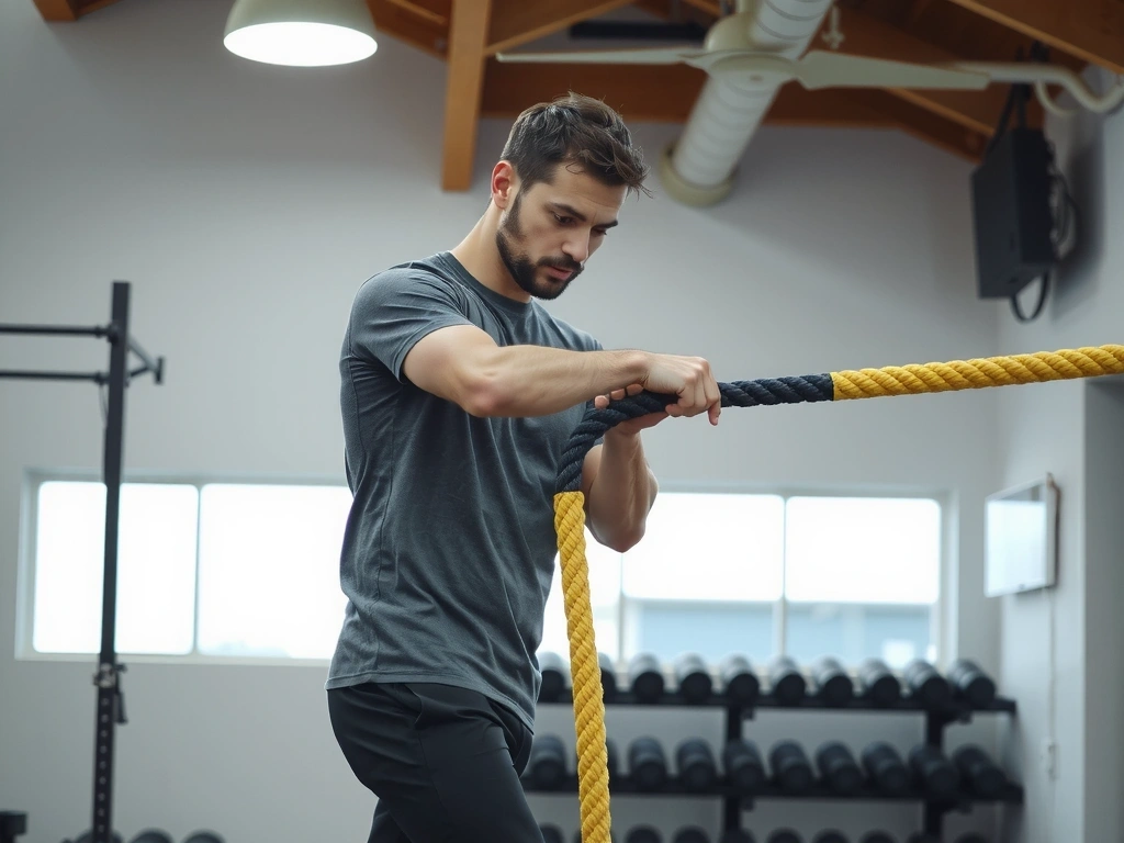 Person performing battle rope exercise in a gym