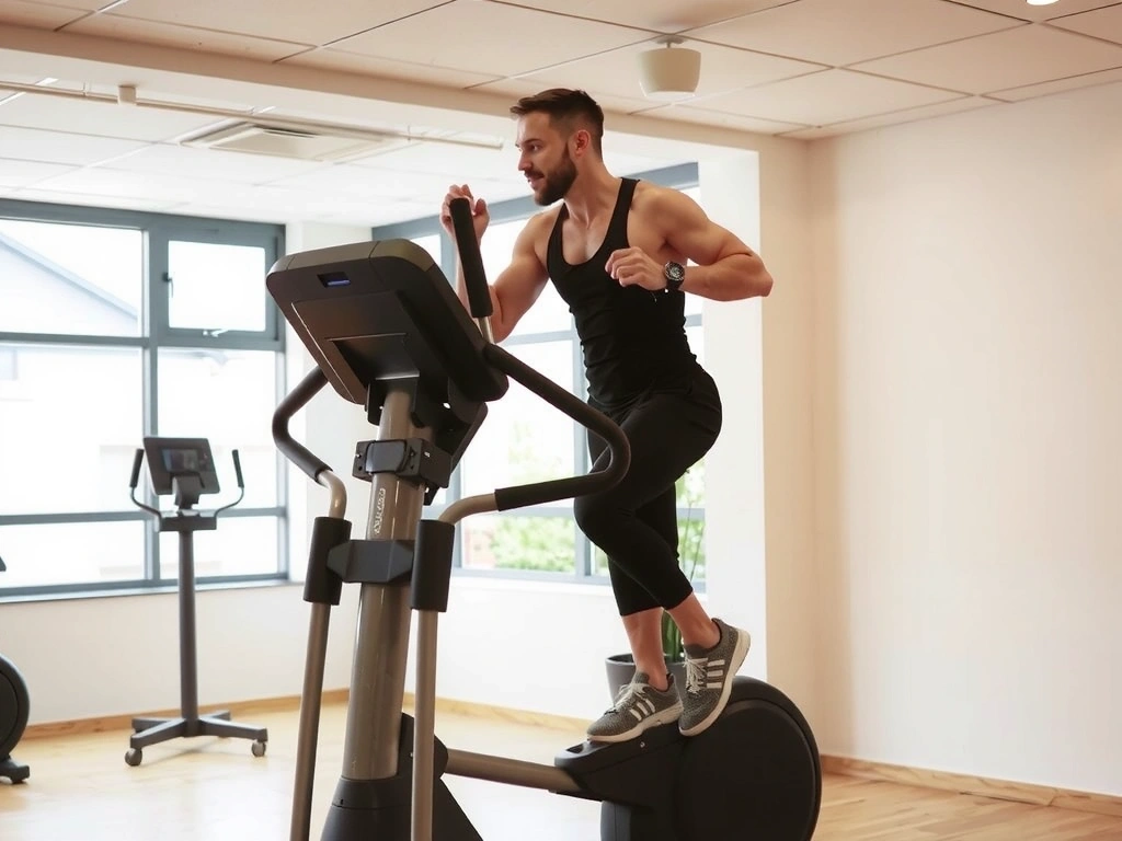 Person using an elliptical machine in a clean, modern gym environment