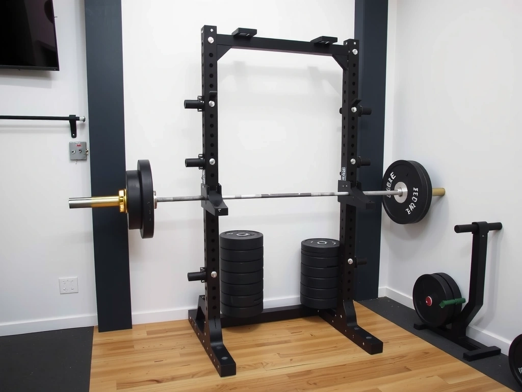 Power rack with a barbell and weights, ready for use