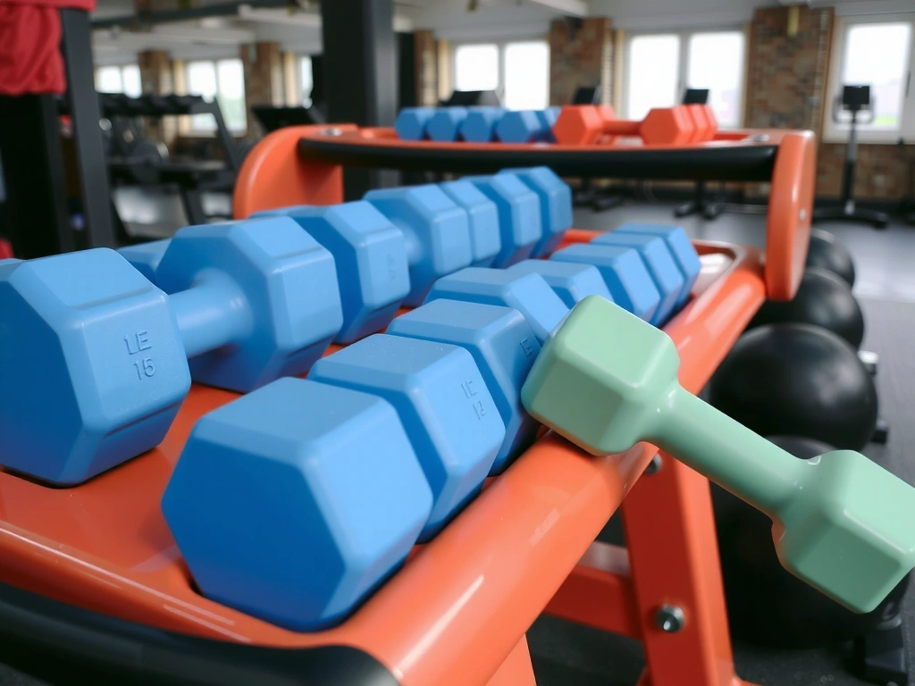 Rack of colorful dumbbells in a gym