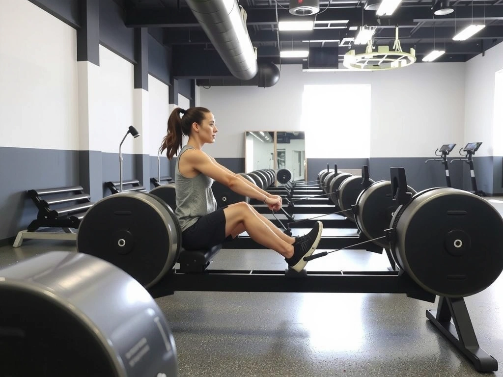 Rowing machines in a dedicated section of a gym, well-lit