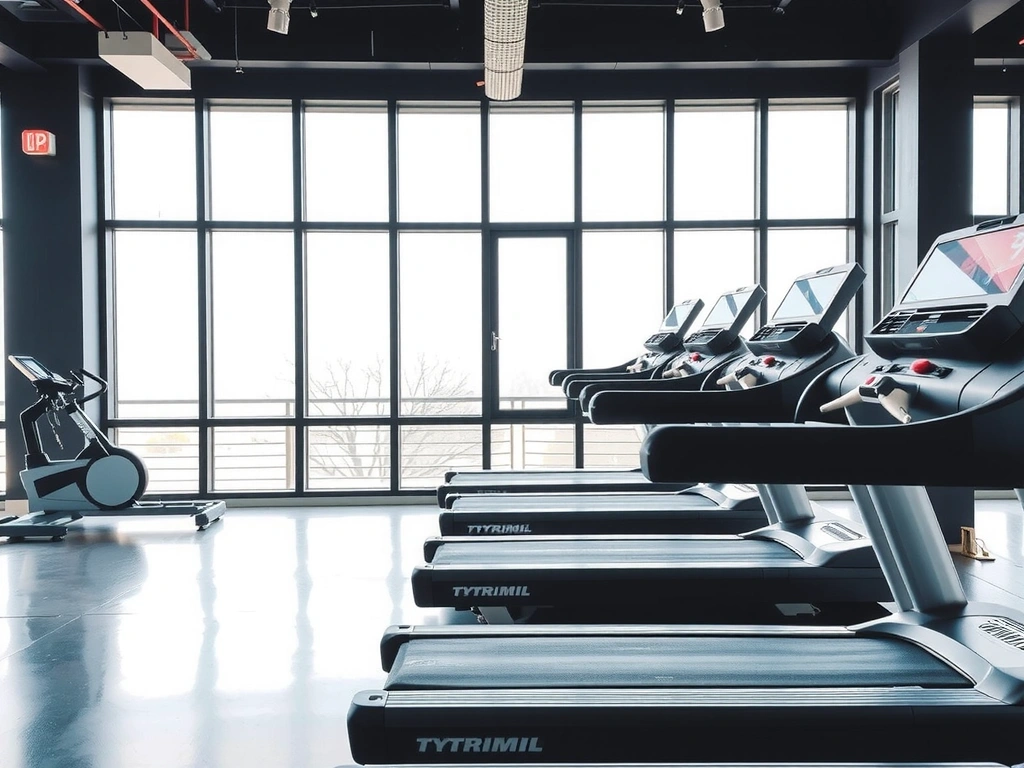 Rows of modern treadmills with large screens in a bright gym