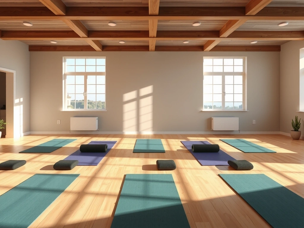 Spacious yoga studio with mats and natural light