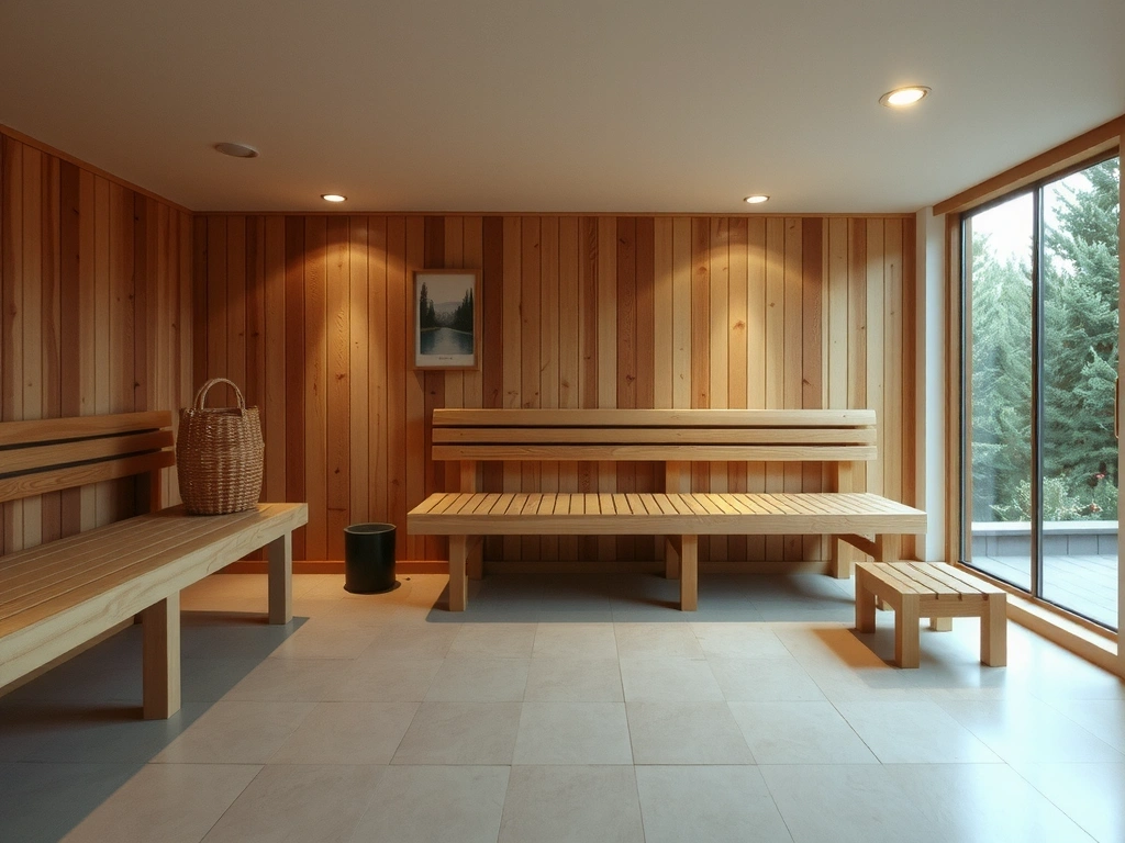 Spacious and clean sauna room with wooden benches