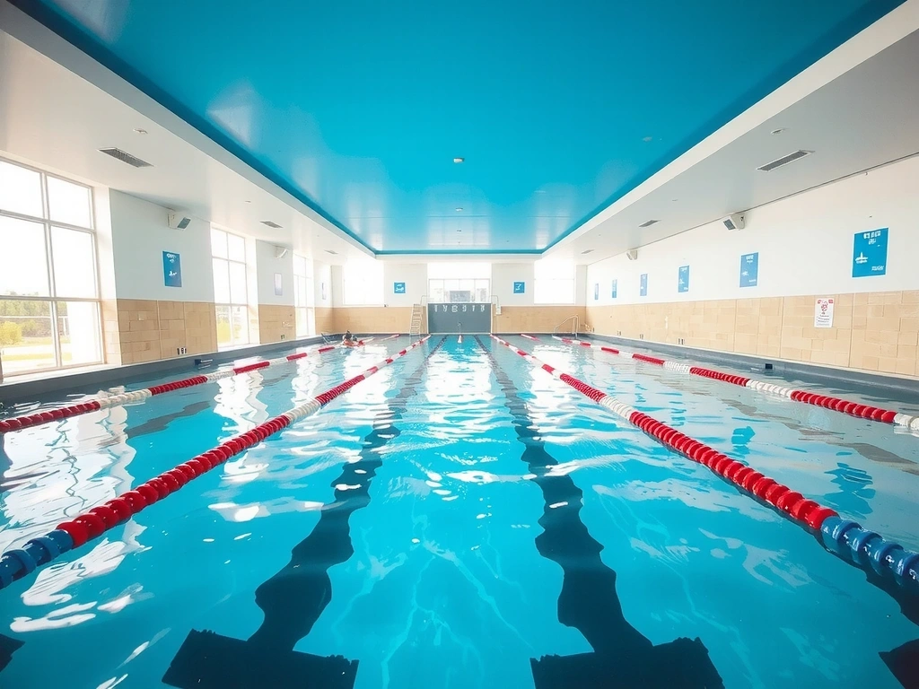 Sparkling indoor swimming pool with lane markers and natural light