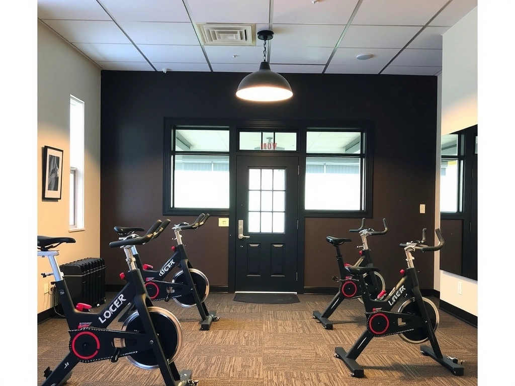 Spin bikes lined up in a cardio area, ready for a class