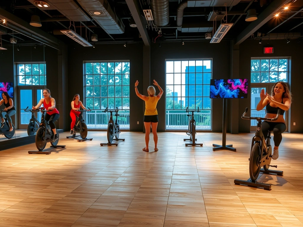 Spin class in a dedicated studio with instructor and participants