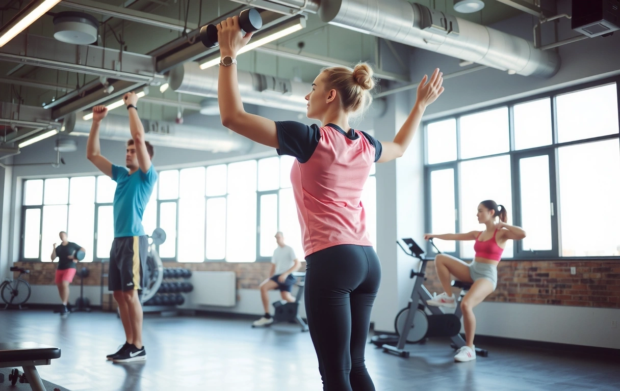 Diverse group of people engaging in various fitness activities at a gym, showcasing strength training and cardio