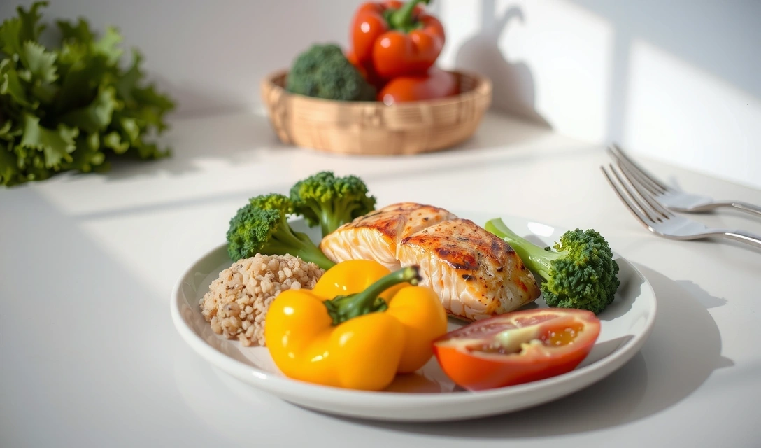 Healthy, colorful meal with lean protein, vegetables, and whole grains, symbolizing metabolic fuel
