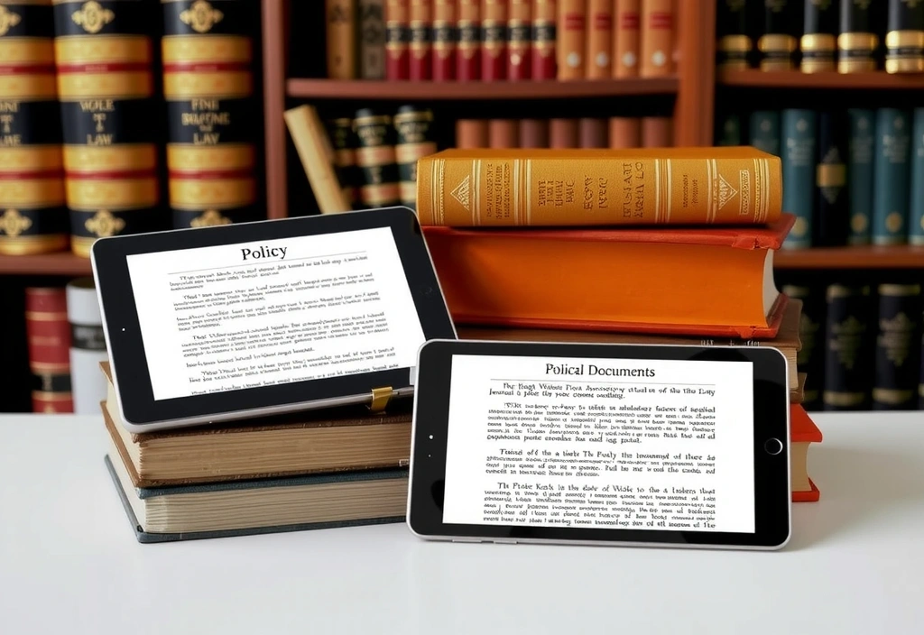 A stack of legal books and a digital tablet with policy documents, symbolizing comprehensive legal information