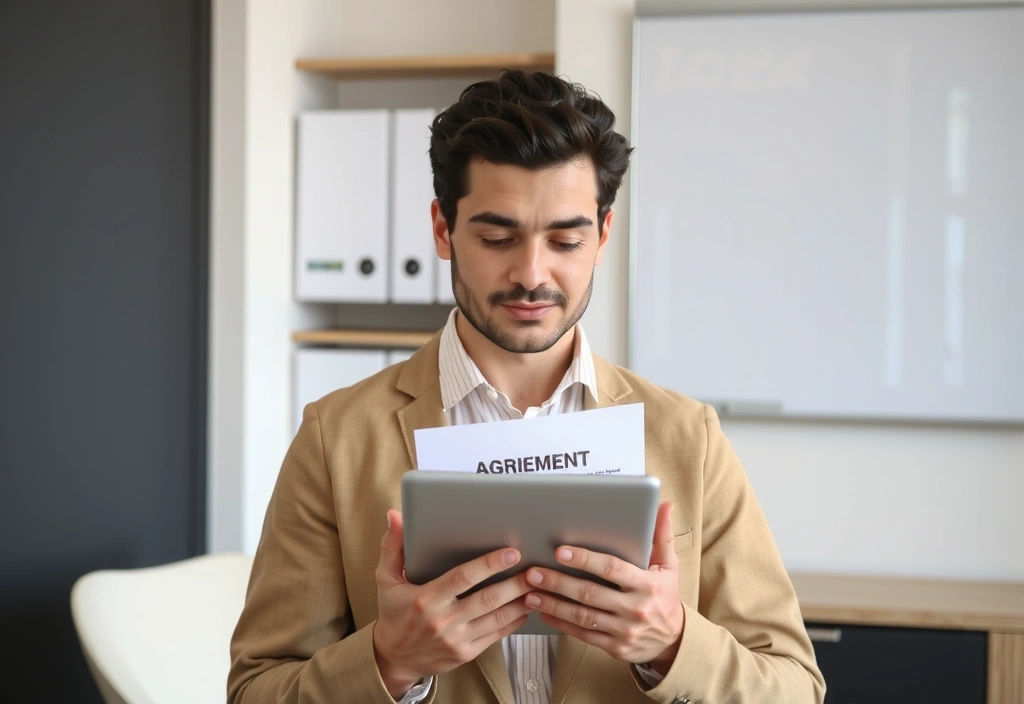 Person reading a digital agreement on a tablet in a modern office setting, representing user acceptance of terms